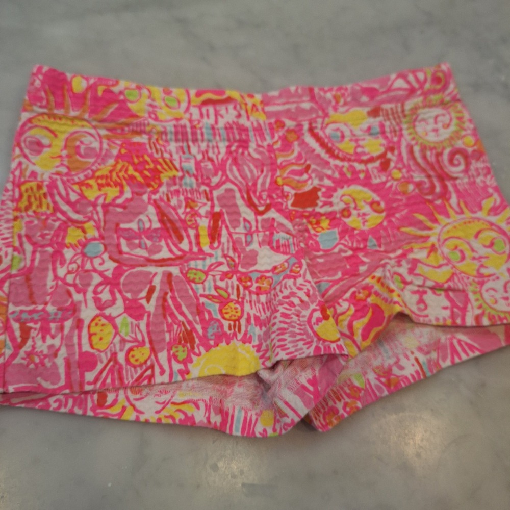 Lilly Pulitzer Seersucker Shorts Kids Size 12 Pink Yellow Sun Print Beach Wear